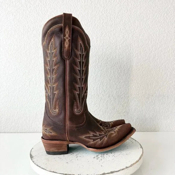Lane LEXINGTON Womens Cowboy Boots 6 Cognac Brown Western Cowgirl Mid Calf Tall - Picture 2 of 11